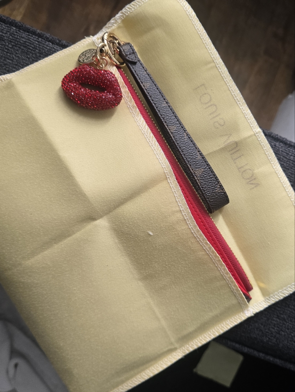 Signture To go Monogram Canvas  Clutch in Red Trim/wallet & Crystal Charm Bundle - Picture 11 of 12